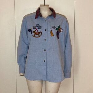 Jantzen Denim Shirt with Christmas Embroidery Red Plaid Flannel Collar X-Large